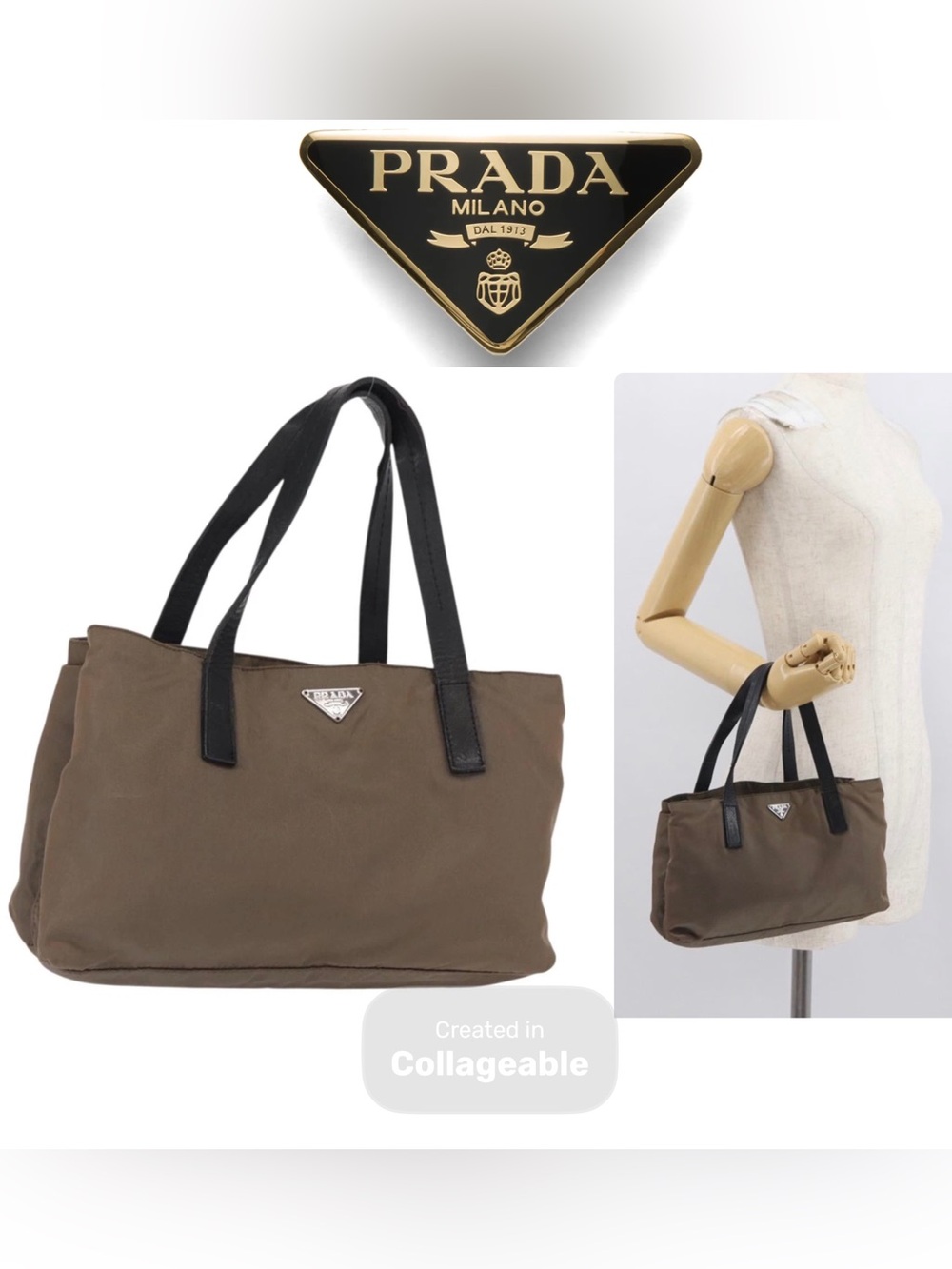 👜 PRADA Brown Nylon Tote with Black Leather Straps Zip Closure